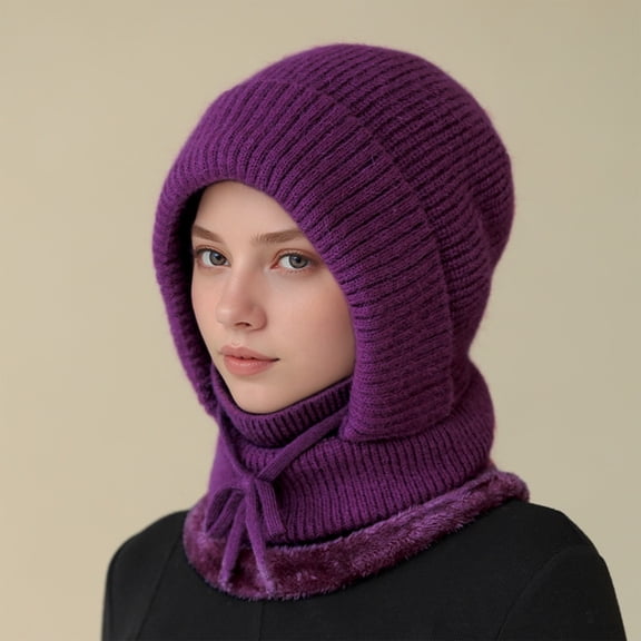 Willtoo Winter Hats for Women Knit Beanie with Adjustable Drawstring Warm Hooded Scarf Skull Cap Dark Purple