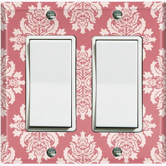 Metal Light Switch Plate Outlet Cover (Victorian Damask Flower Red Pastel Pattern - Double Rocker)