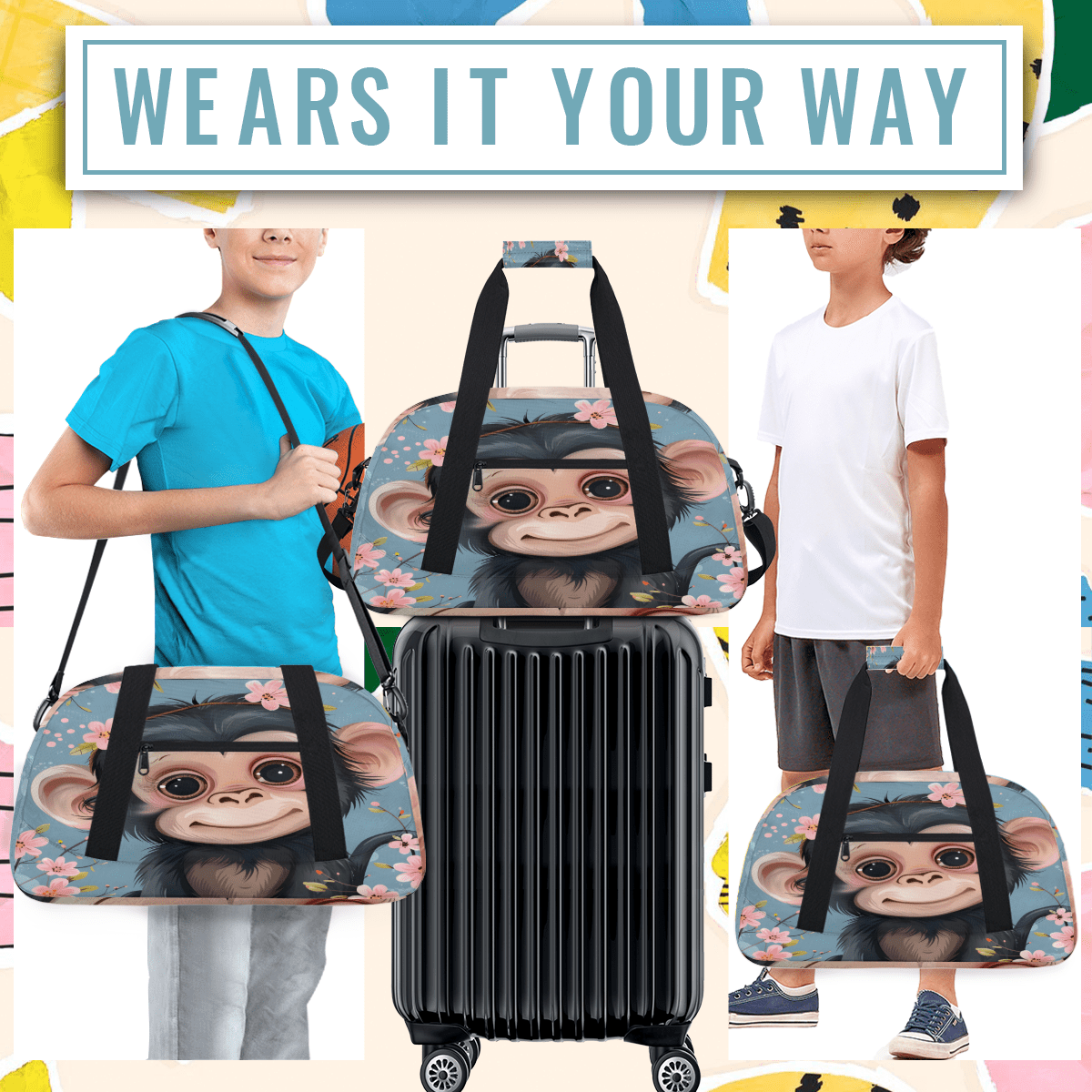 Herdesigns Monkey Sports Duffle Bag for Women & Men, Animals Gym Bag Dance Bag Overnight Bag Carry On Weekender Travel Bag