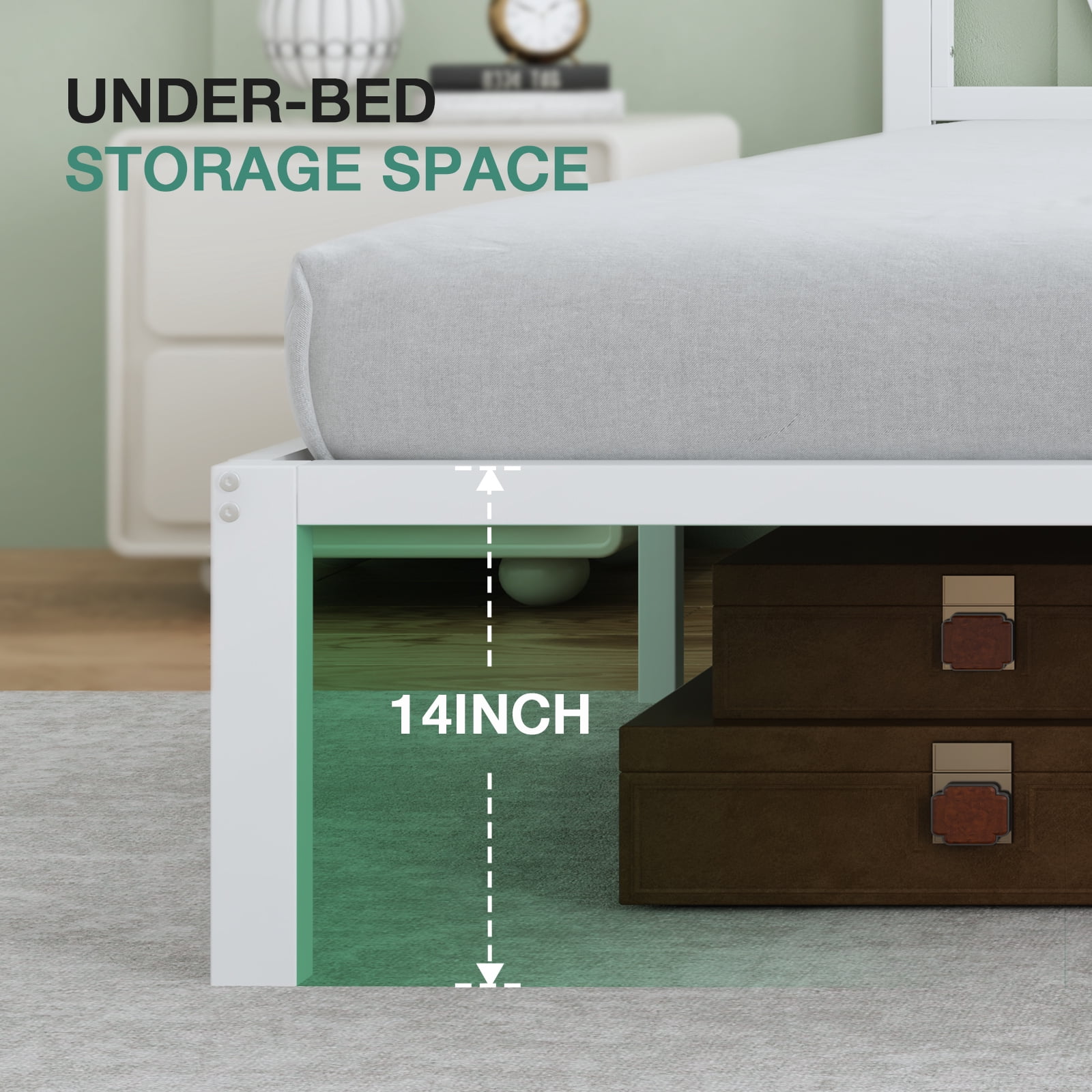Novilla 14 Inch King Size Bed Frame With Headboard, White Metal Platform Bed Frame, King Bed Frame No Box Spring Needed, Easy Assembly, Strong Wood Slats Support