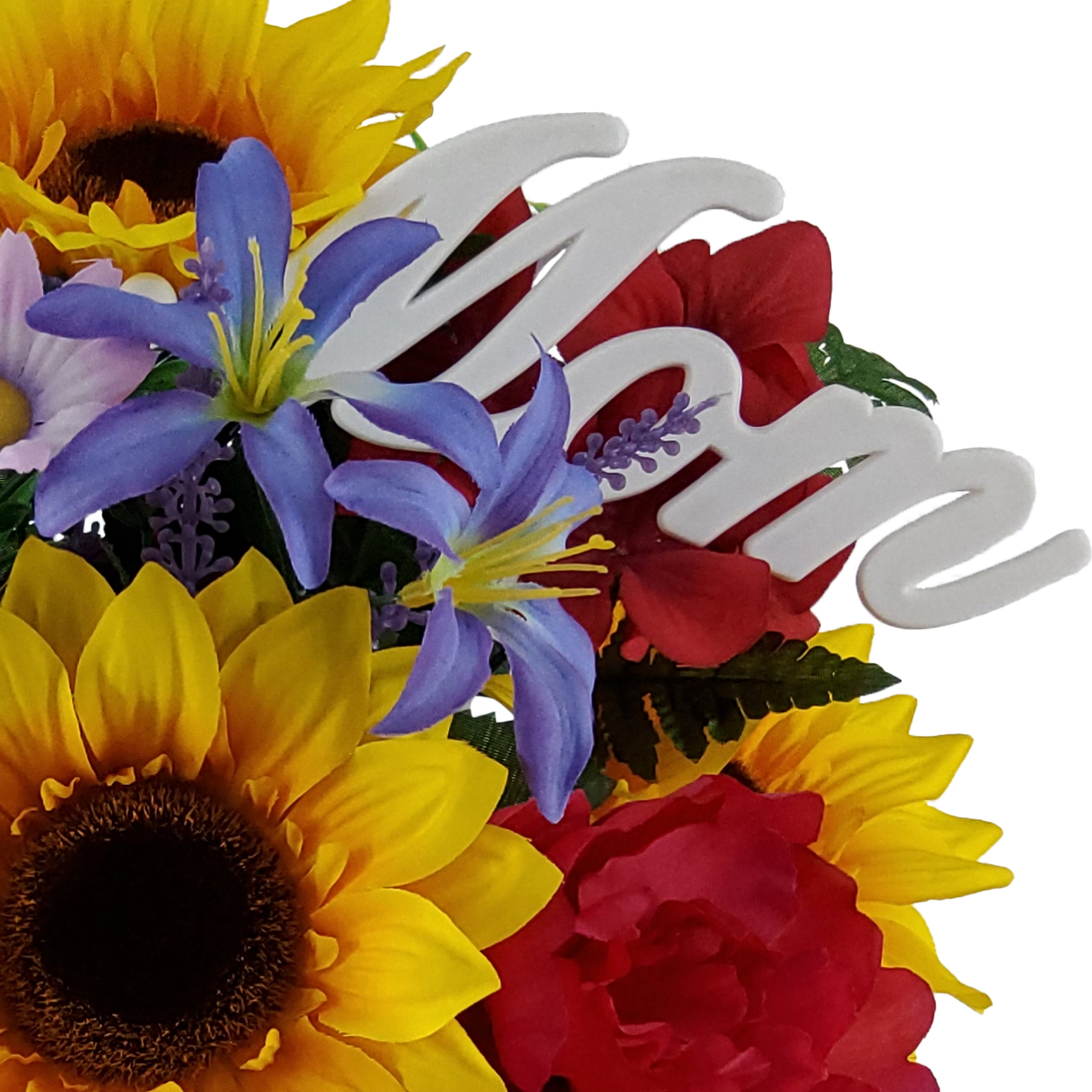 Mainstays 20in Outdoor Artificial Flowers in Vase with "Mom" Sign, Yellow Sunflower and Red Peony.
