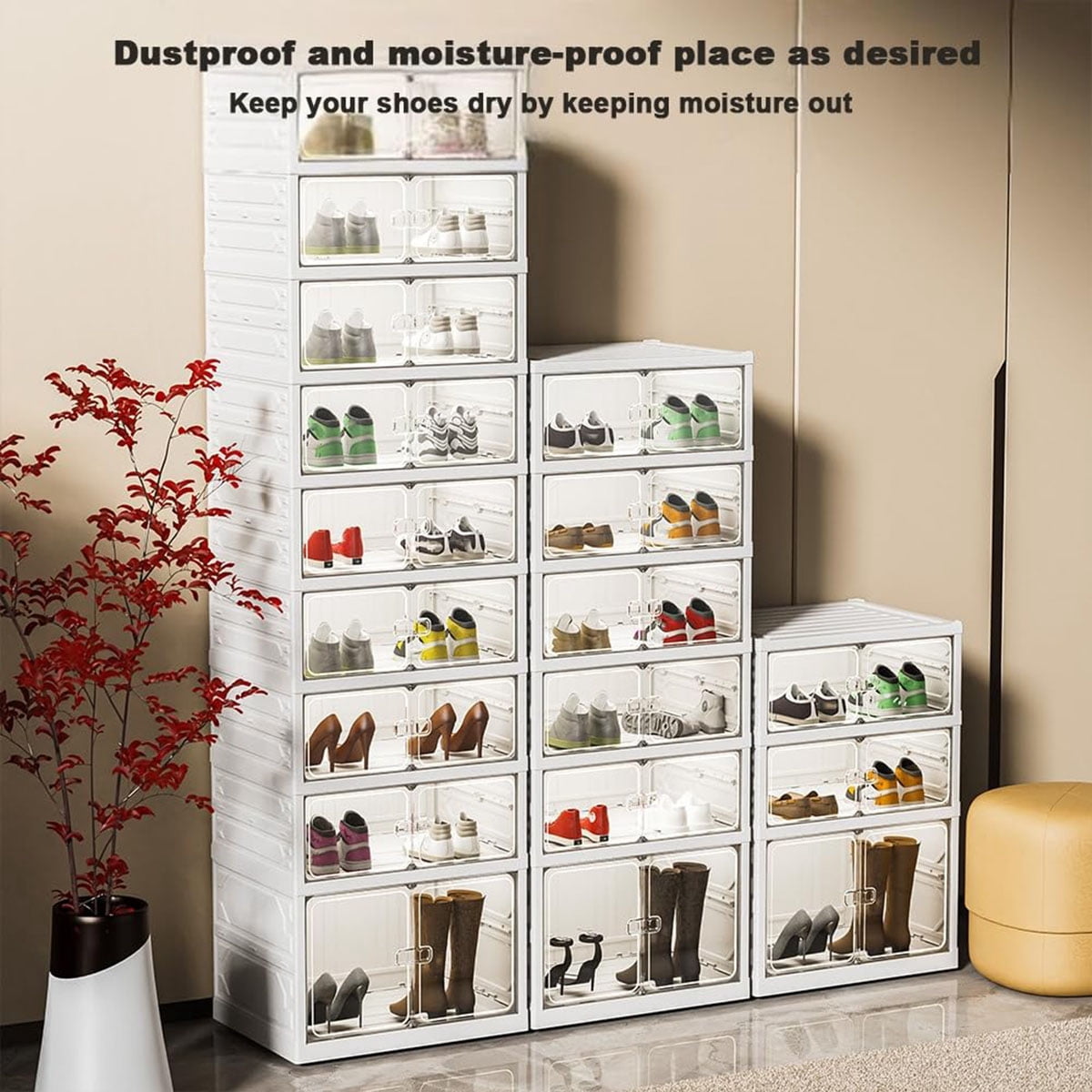 Foldable Storage Box, No Assembly Stackable Shoe Organizer Storage Bin With Magnetic Doors, Clear Collapsible Plastic Shoe Rack Shoe Cabinet