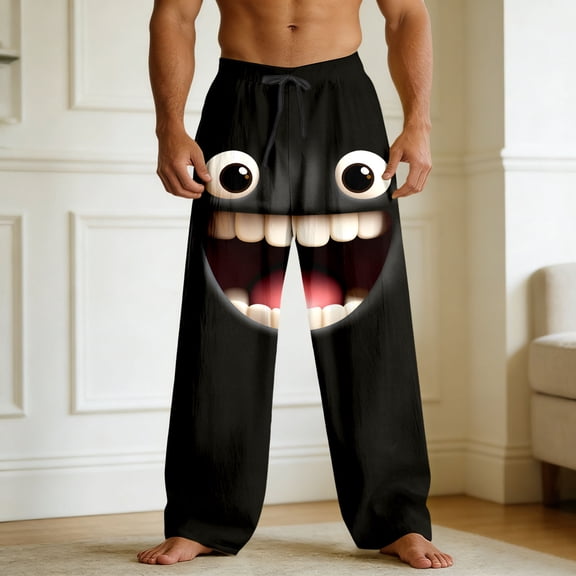 BUWTTED Mens Casual Pants Straight Leg Leisure Funny Emoction Print Graphic Elastic Wasit Relaxed Fit Comfortable Lounge Black Pants L
