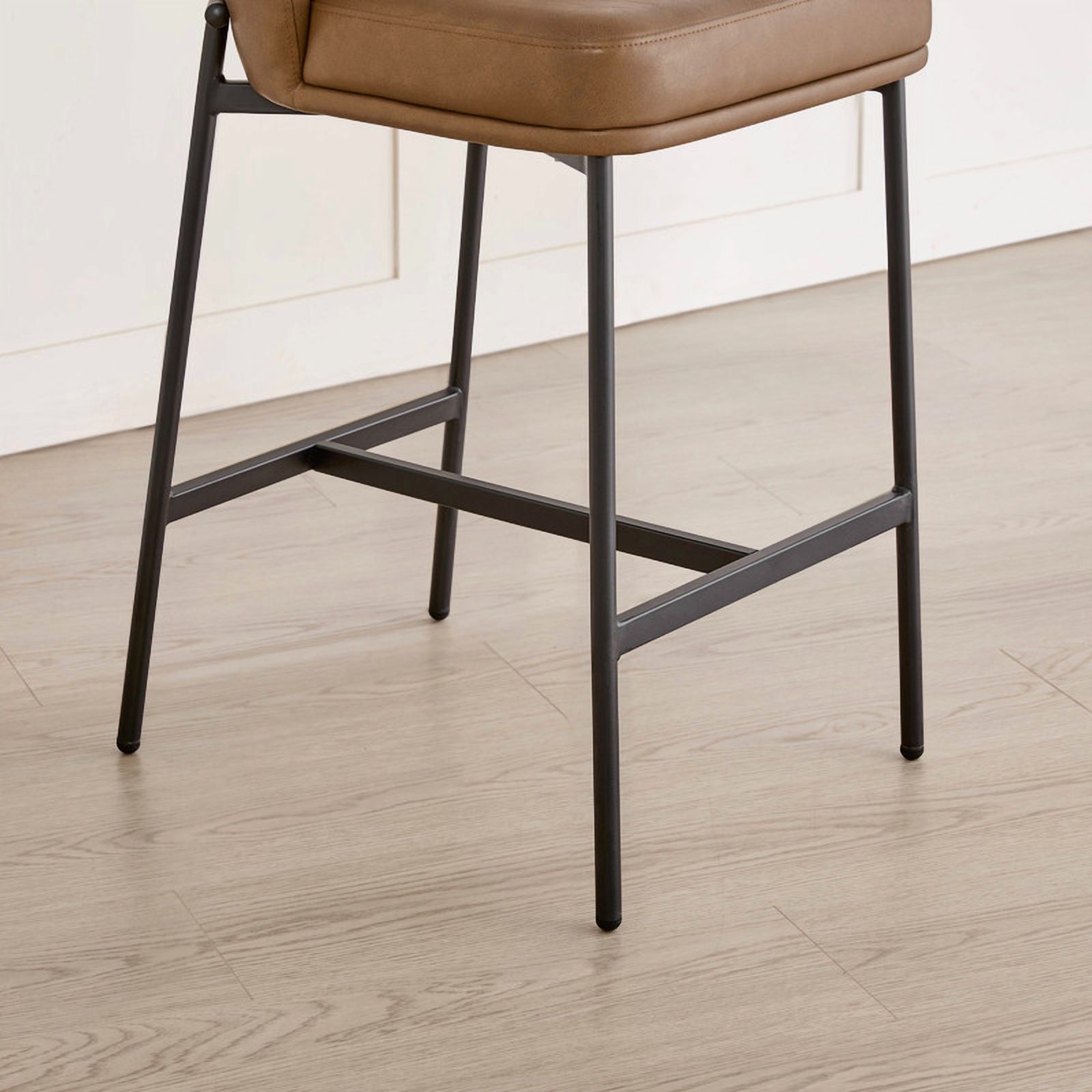 Spruce & Spring Modern Counter Bar Stool with Metal Arc Backrest and Upholstered Seat Set of 2, Saddle Brown with Black Legs