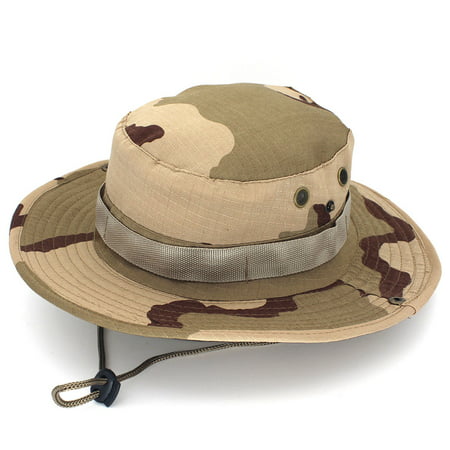 Boonie Cap Camo Bucket Hat, Breathable Fishing Hats Packable Army Tactical Safari Sun Hat Visor with Wide Brim Chin Strap Outdoor Military Hat for Hiking Hunting Wargame Desert (Best Clothing For Desert Hiking)