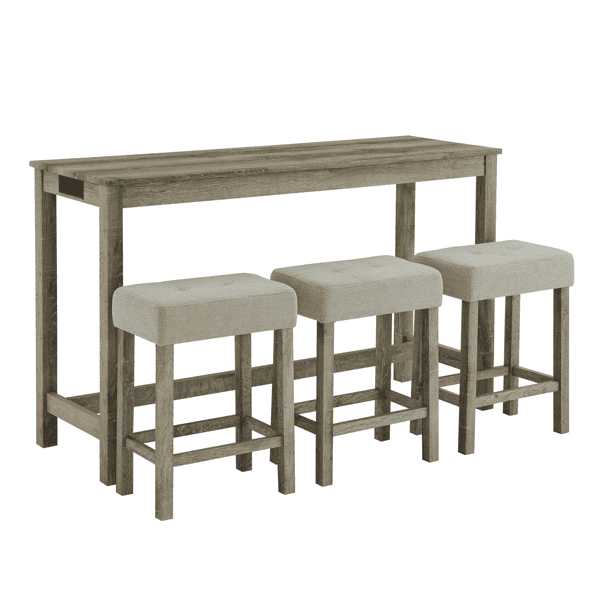 59 Inch Bar Table, Dining Table, Sofa Table with Power Outlet, 3 Upholstered Stools, 4 Piece Bar Table and Chair Set for Living Room, Dining Room, Kitchen