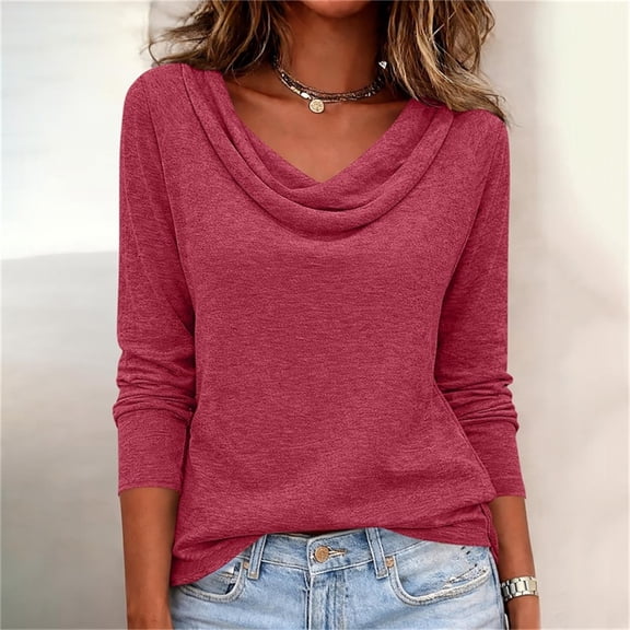Homenesgenics Tops for Women Long Sleeve Solid-Color Scoop-Neck Fall Pullover Shirt Pink L