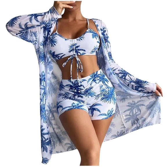 QSAWXQZ Women's 3 Piece Beach Cover Up Set Print Long Sleeve Cardigan Bikini with Boyshorts Swimsuit Outfit Blue L