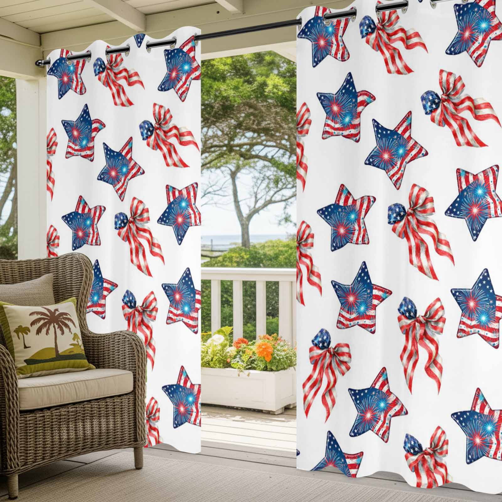 Independence Day Outdoor Curtains for Patio, US Flag Red Blue Stripe Patriotic Star Bow Fireworks Sunshade Privacy Drapes Grommet Waterproof Outside Curtains for Porch Balcony 54"x108", 1 Panel