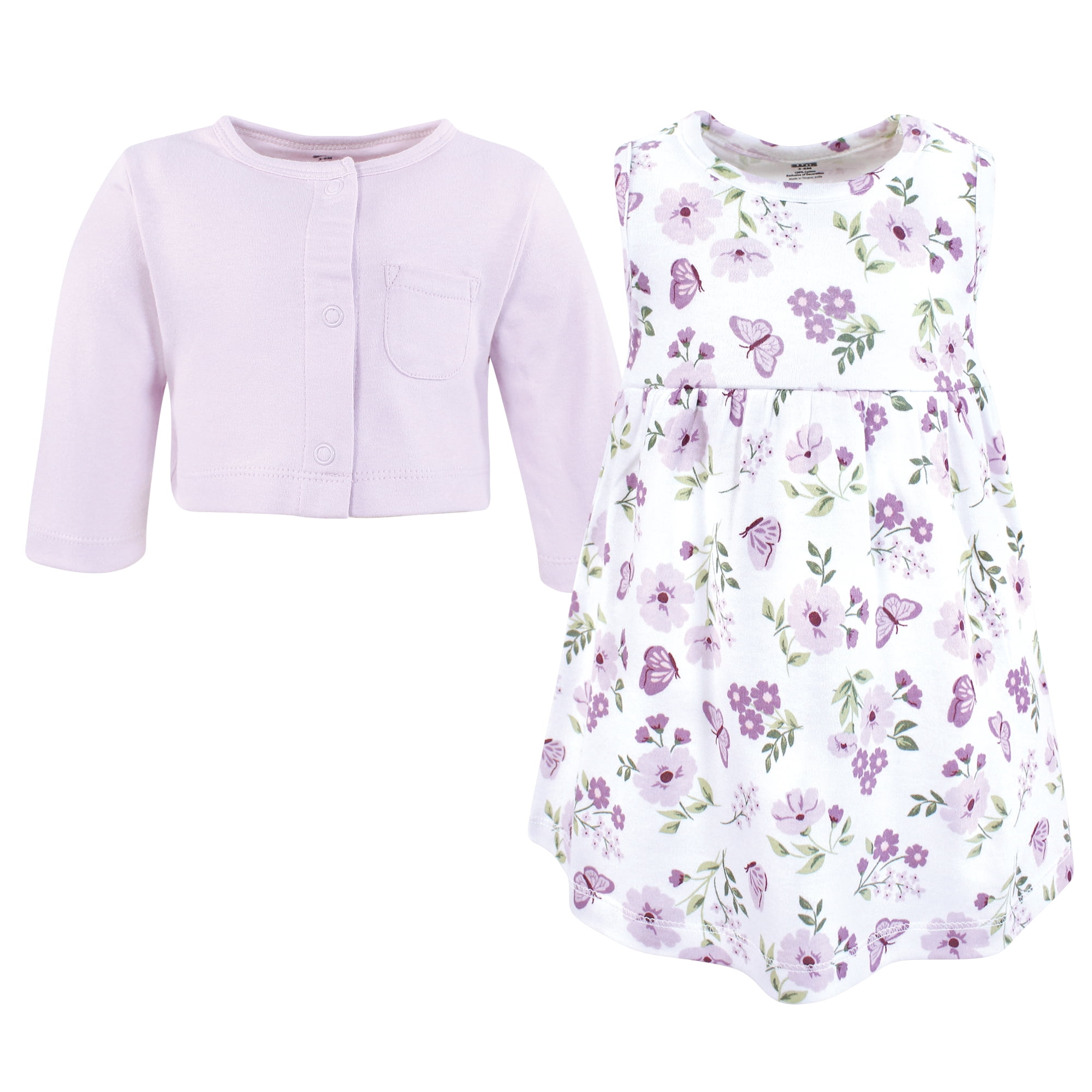 Hudson Baby Infant and Toddler Girls Cotton Dress and Cardigan Set, Purple Butterfly Floral, 2T