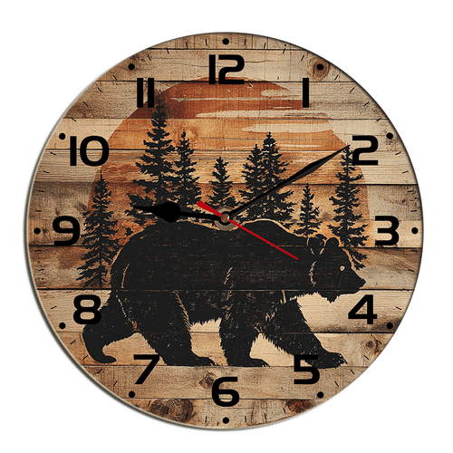 Kurmntregon Cabin Bear Wall Clock Black Bear Wildlife Forest Mountain Lodge Wooden Non Ticking Silent Quartz Bedroom Living Room Office Gym Kitchen Bathroom Patio Decor Decorative Clocks Round 10"