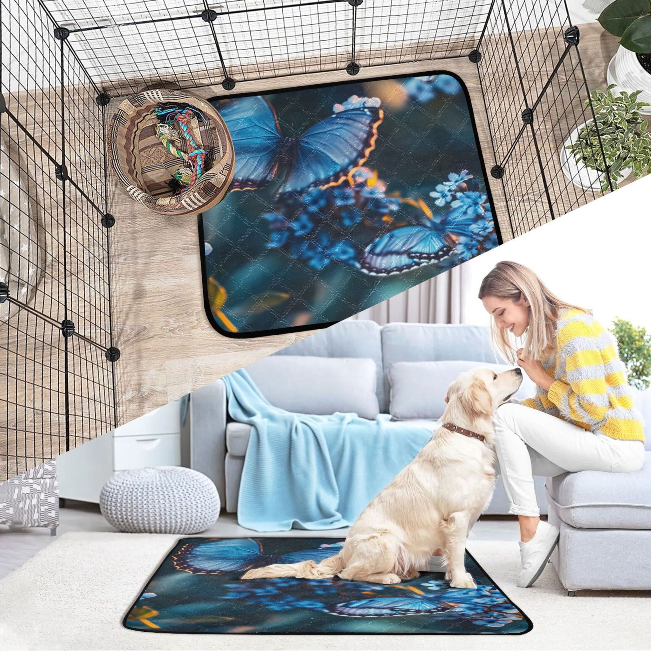 Washable Pet Pee Pads with Super Absorbent Reusable Training Pads for Dogs & Cats Beautiful Blue Butterfly
