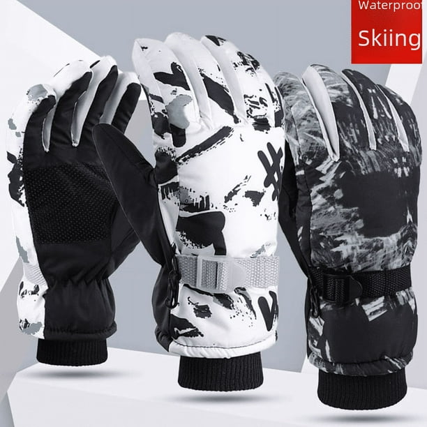 Guantes de esquí de invierno para hombre y mujer, resistentes al frío, con forro polar, de algodón grueso, impermeables, antideslizantes, cálidos, para montar al aire libre, con grafiti blanco