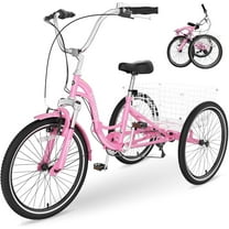 MOPHOTO Adult Folding Tricycles,7 Speed Folding Adult Trikes,24 Inch Baby Pink 3 Wheel Bikes with Low Step-Through,Foldable Tricycle for Adults,Women,Men,Seniors