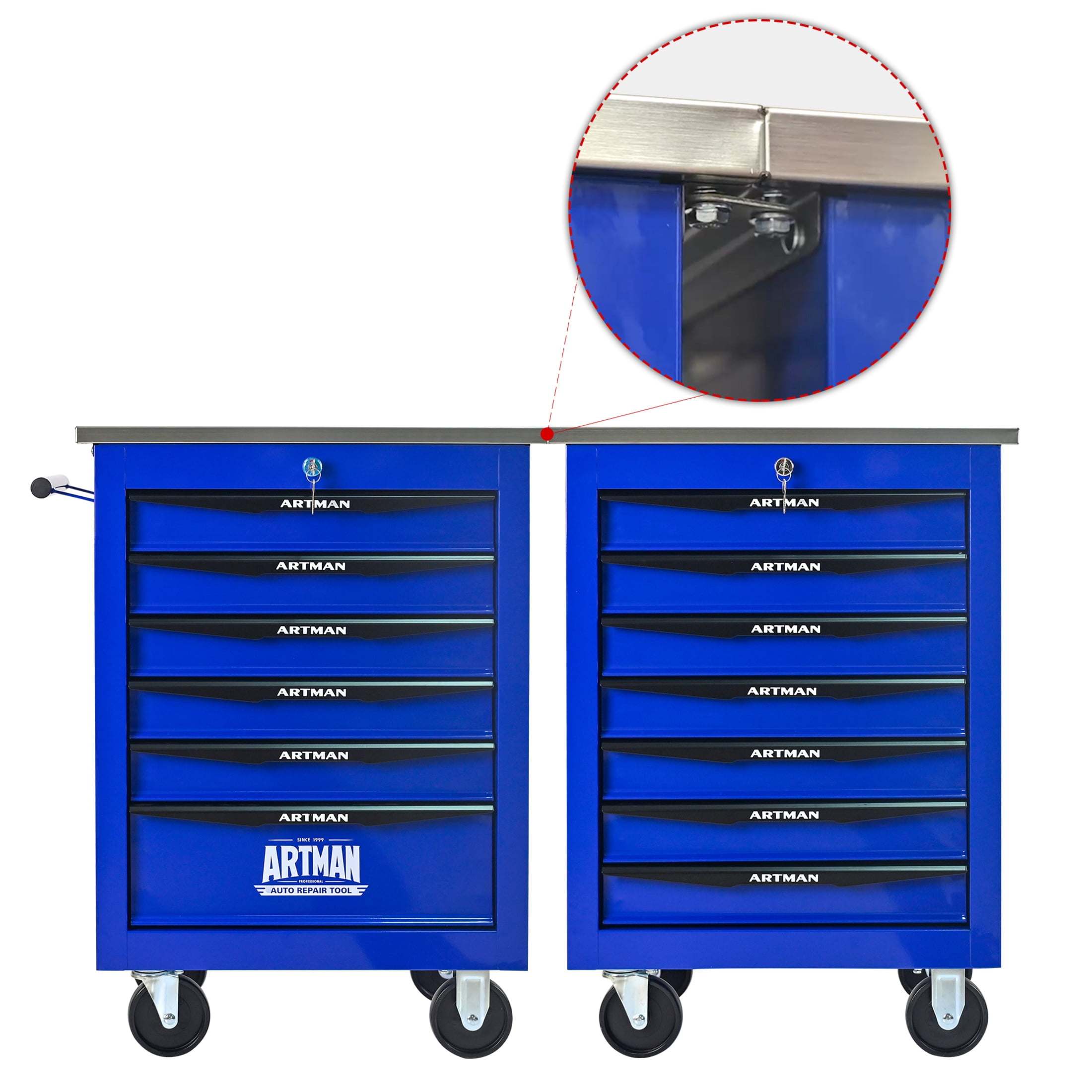 Noble House 6-Drawer Rolling Tool Organizer Cart, Steel Mobile Chest Storage with Worktop for Garage Workshop, Blue