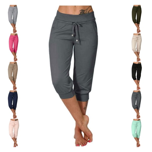 LEKWK Capri Joggers Womens Elastic Waist Drawstring Casual Sweatpants Lightweight Loose Fit Cropped Joggers with Pockets Summer Athletic Gym Running Clothes