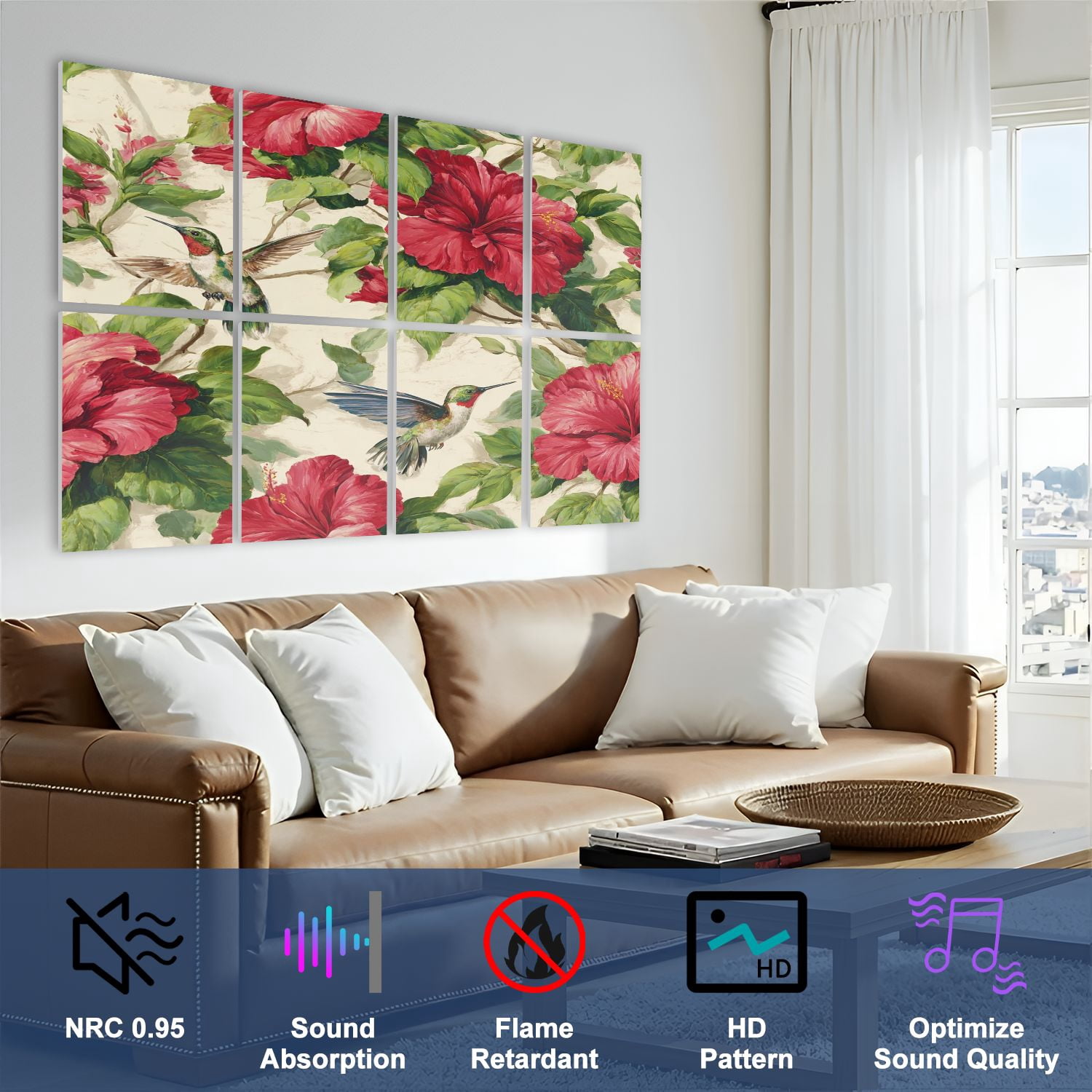 8 Pack Art Acoustic Panels Sound Absorbing Hummingbirds Red Hibiscus Floral Decorative Soundproof Wall Panels Self Adhesive for Nursery Game Room Bedroom 48"x32"