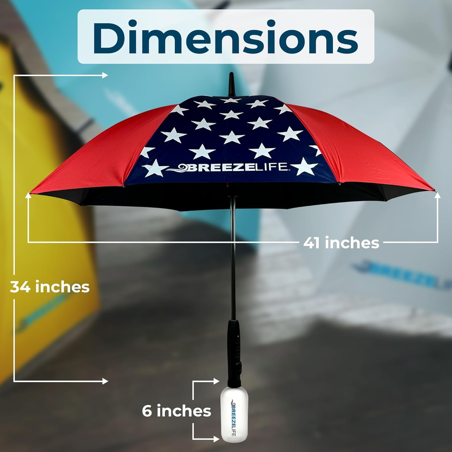 BREEZE LIFE Golf Umbrella with Fan and Mister. Portable misting and shade that blocks 99.9% of UVA and UVB rays UV sun protection and cooling at festivals, beach, and sporting events. (American Flag)