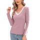 thumbnail image 3 of Camisa básica ajustada con encaje y cuello en V, manga larga, blusas básicas gruesas y cómodas para mujer, rosa y morado M, 3 of 8