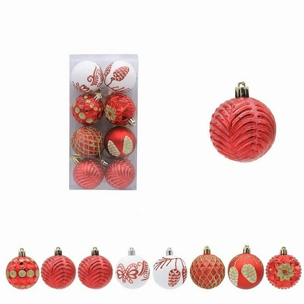 Pack de 8 adornos para baile de Navidad | Esferas decorativas de plástico pintadas de 6 cm • Variedad colgante de árbol navideño rojo dorado verde con múltiples patrones | Decoración navideña