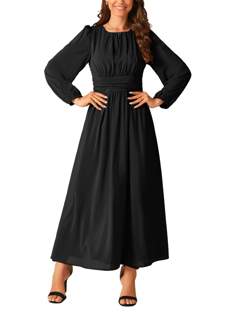black long sleeve chiffon maxi dress ASOS DESIGN chiffon volume sleeve maxi dress with satin wrap skirt in black