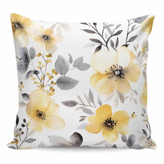Throw Pillow Covers 20x20 Inch, Yellow Floral Spring Decorative Pillow Cases for Couch Sofa Bed, Summer Botanical Gray Farmhouse Cotton Linen Square Home Decor Pillowcases with Hidden Zipper