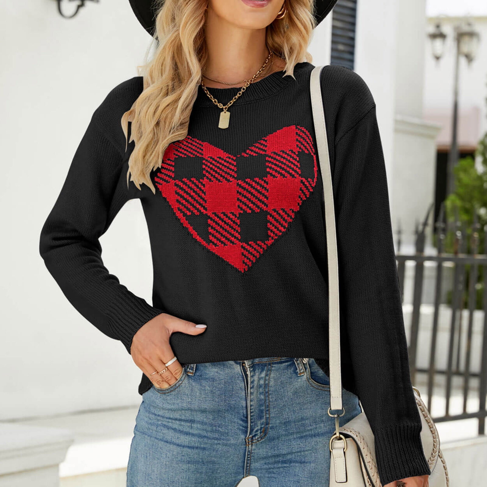 cllios Sweaters for Women Long Sleeve Heart Print Knit Top Plaid Crewneck Sweater  Cute Pullover Jumper Winter Sweaters for Women 2022 - Walmart.com