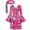 Hot Pink, variant on 1970s and 1980s vintage hippie dresses with colorful abstract print bell sleeves and V-neck short skirts, suitable for women as Halloween costumes.
