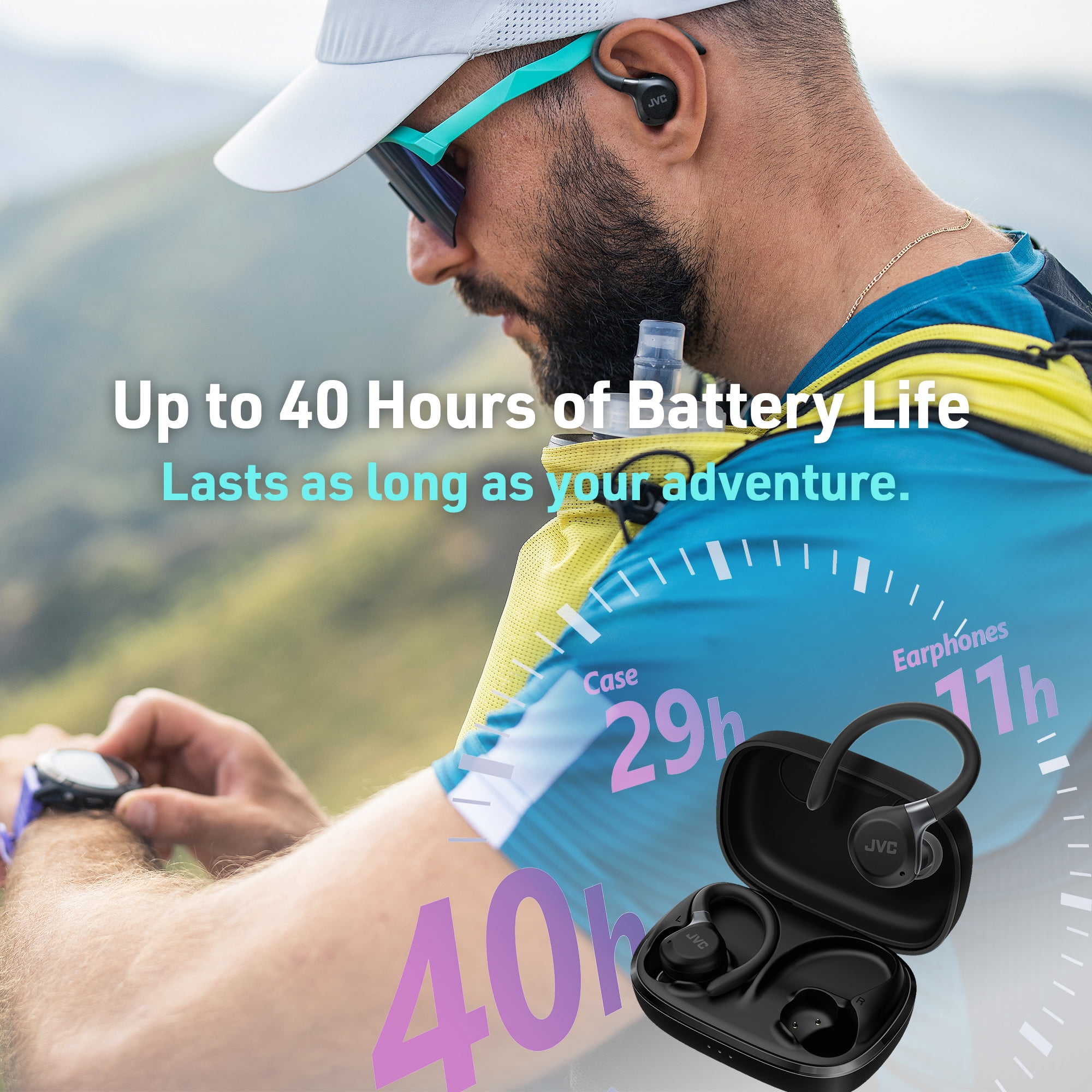 JVC Fitness Series True Wireless Sport Earbuds with Adjustable Hooks, Active Noise Cancelling, Ambient Sound Mode, IP57 Waterproof, 40hr Long Battery Life, App EQ, Low Latency, Mic