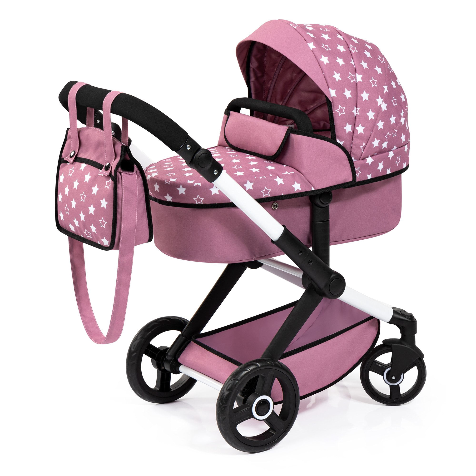 Bayer Design Dolls: Xeo Pram - Pink, White, Stars - Dolls Up To 18", Shoulder Bag, Convertible To Pushchair, Adjustable Handle, Foldable, Kids Ages 3+