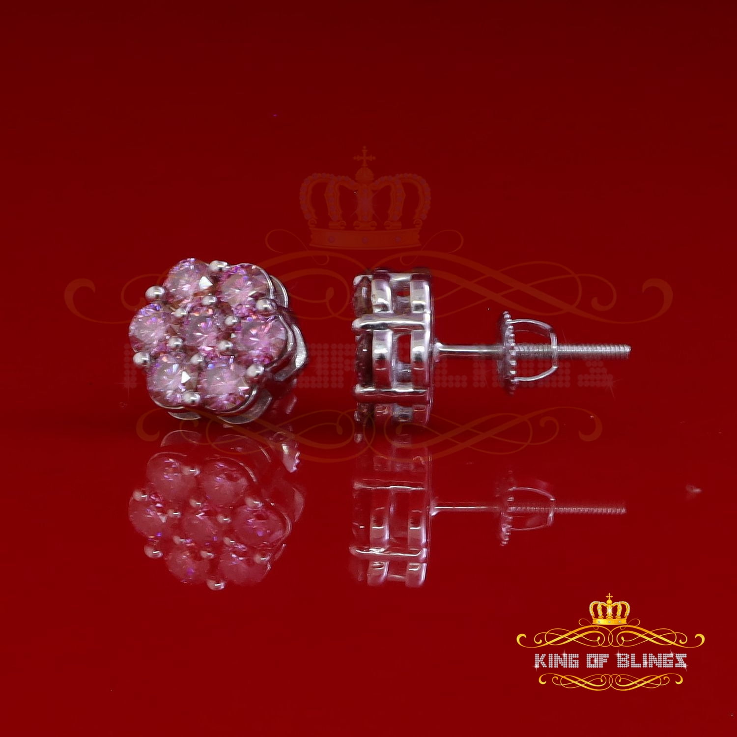 King of Bling's 925 Silver White 1.66ct VVS D Pink Moissanite Floral Men's/Women's Stud Earrings