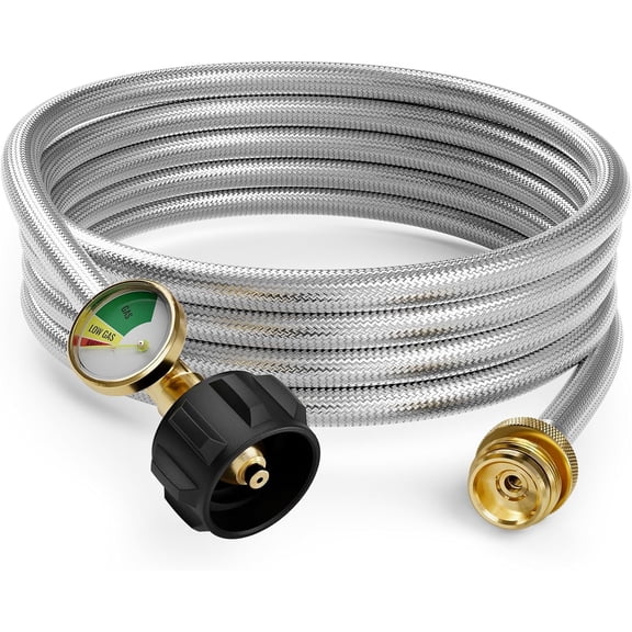 6FT Propane Hose with Gauge, Propane Hose Adapter 1lb to 20lb, Stainless Steel Propane Adapter Hose for Buddy Heater, Weber Q, Coleman Camping Stove, Protable Grill