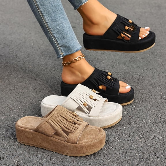 Miluxas Platform Sandals Women Footwear Open Toe Slide Beach Summer Flat Slipper with Tassel Lightweight Sandals for Women Khaki 9(42)