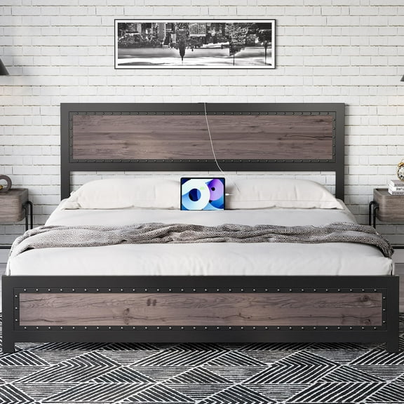 Huisuilinss Full Size Bed Frame,Industrial Queen Bed Frame With Headboard,Platform Bed Frame King With Charge Station,Wooden Mattress Foundation,No Box Spring Needed,Easy To Assemble