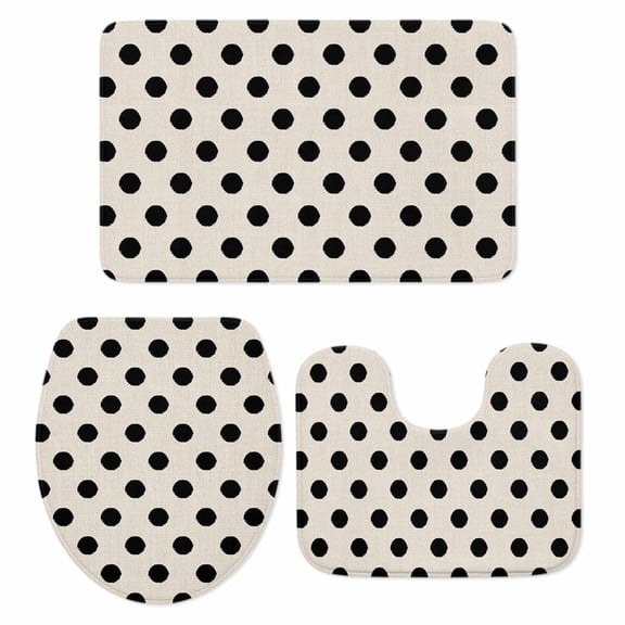 Black White Polka Dots Bathroom Rugs Set Cute Solid Color Linen Non Slip Absorbent Soft Bath Mats 3 Piece Set with Bathroom Rug, U-Shaped Floor Mat, Toilet Seat Cover Large Size