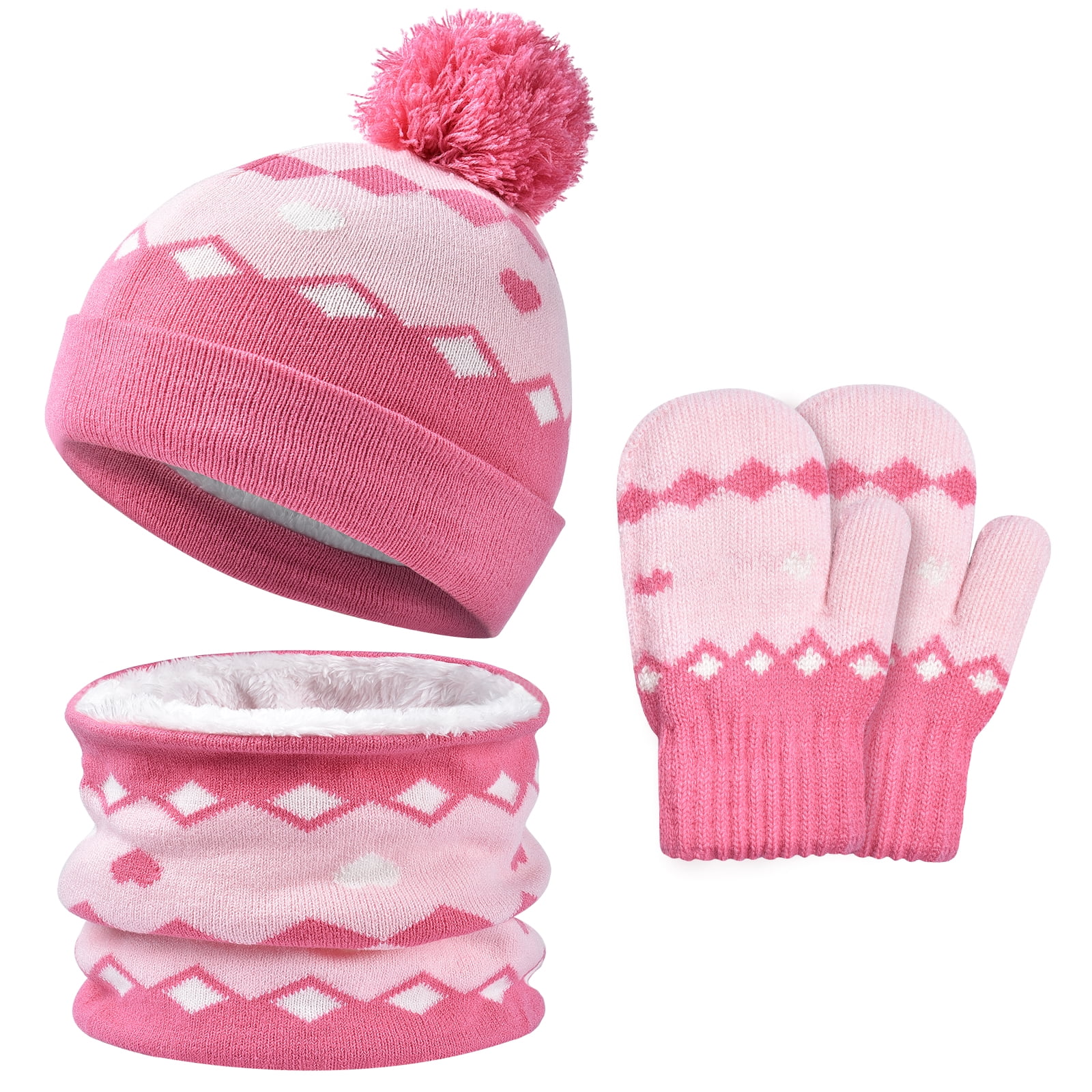 Girls Hat Gloves Scarf Set Warm Winter Back To School Knitted Pink Striped 2-6 Y 