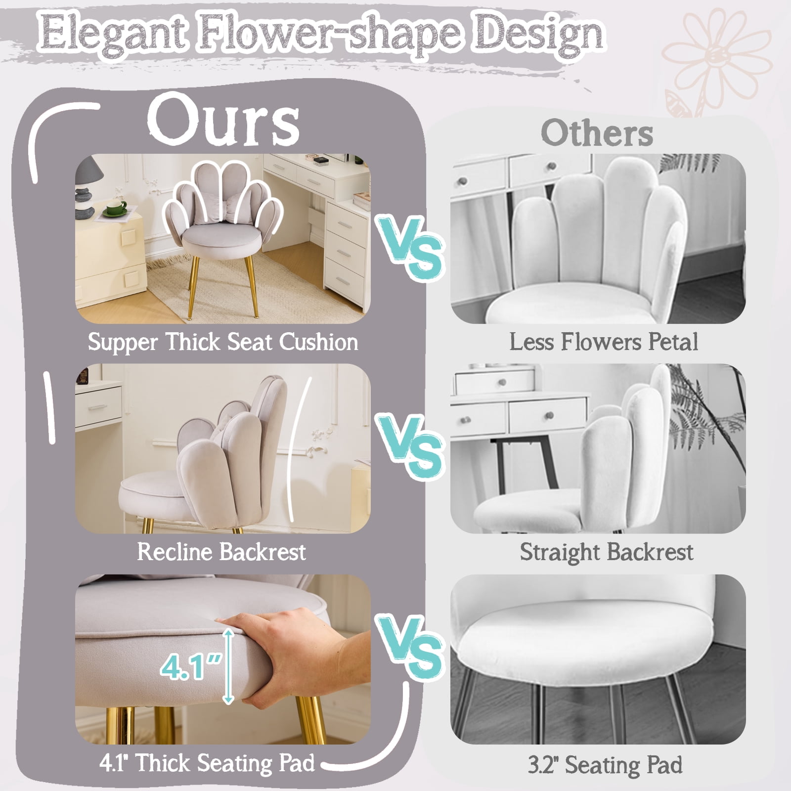 Ktaxon Vanity Makeup Chair Comfy Accent Chair Small Office Chair with Flower Back and Lumbar Pillow for Living Dining Room Bedroom Home Office Velvet Light Gray