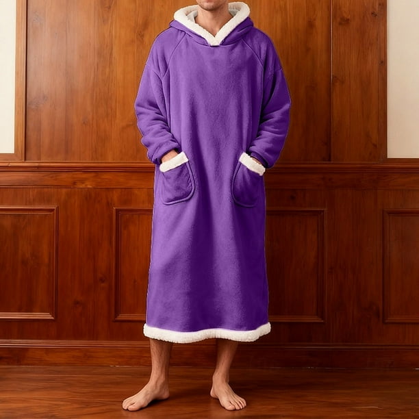 Batas de hombre de forro polar sólido informal con capucha y bolsillo, jersey de manga larga, bata de baño, bata de noche, pijama de poliéster para hombre