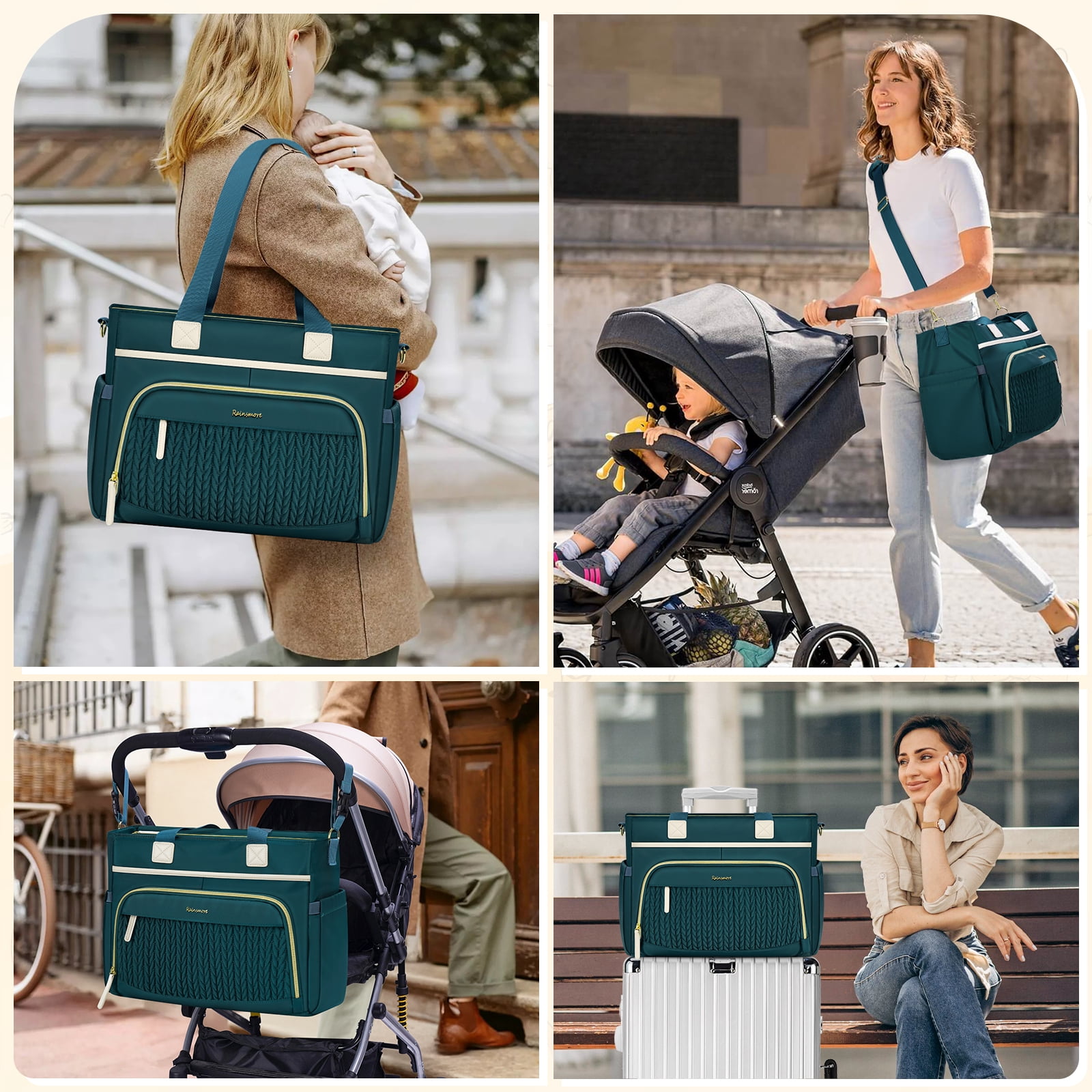 RAINSMORE Diaper Bag Tote, Large Diaper Baby Bag Waterproof Multifunctional Diaper Bag with Pacifier Case & Changing Pad