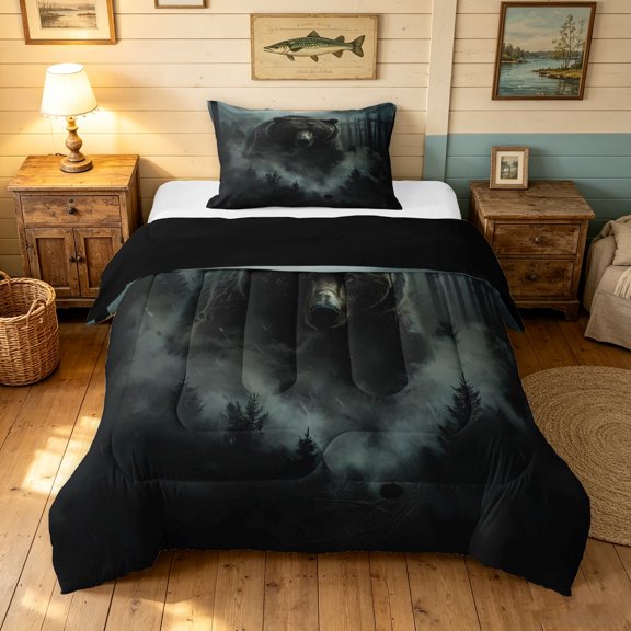 Manfei Grizzly Bear Twin Comforter Sets, Vintage Farmhouse Animal Bedding Set, Black Gray, Black Reversible, 2pcs, 1 Comforter and 1 Pillowcase