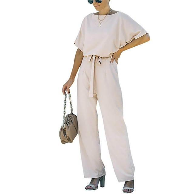 Pantalon à Jambes Larges Femme Été Manches Courtes Combinaison Col Rond Taille Haute Combinaison à Jambes Larges avec Ceinture Femme