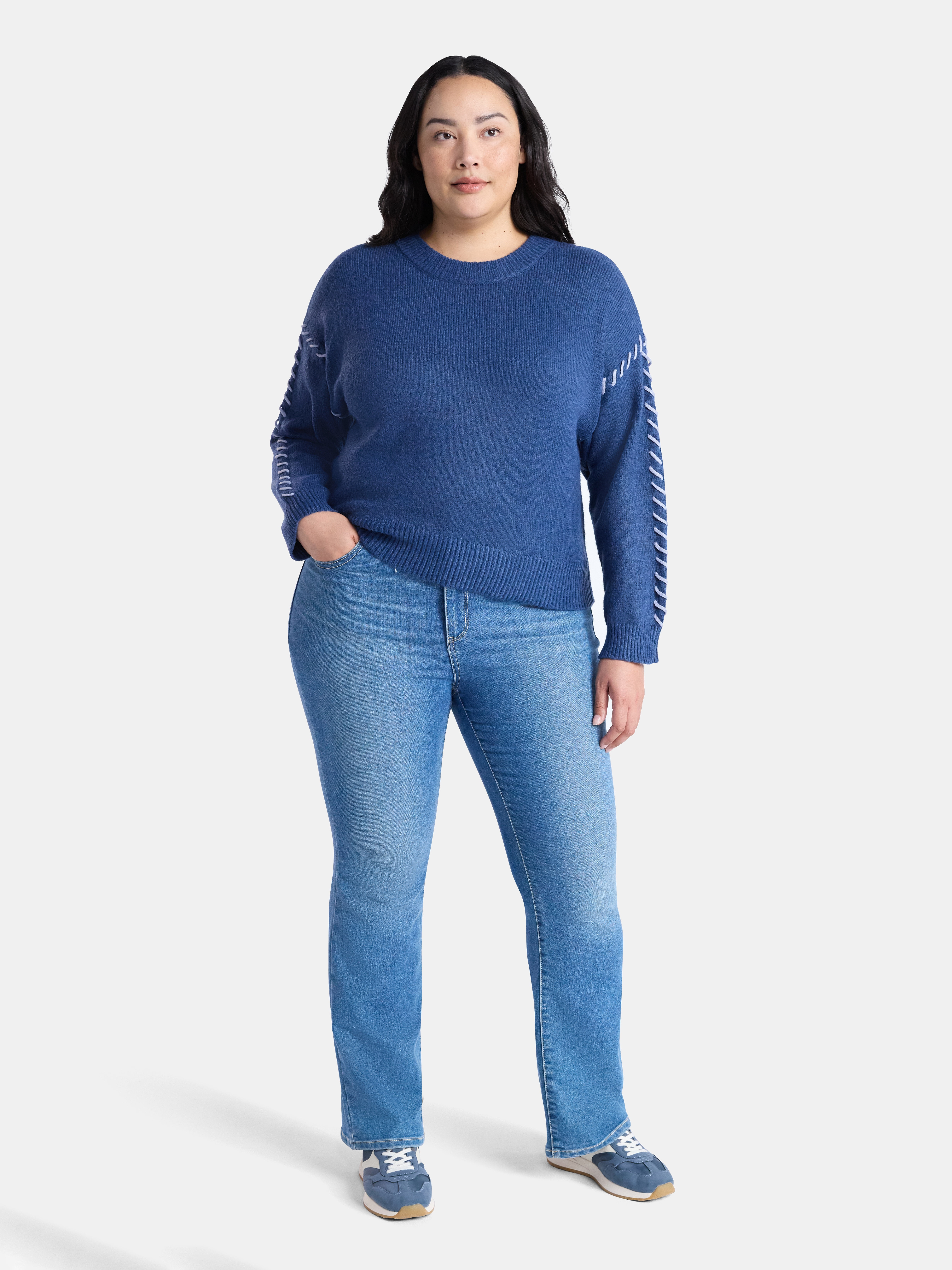 Terra & Sky Women's Plus Cropped Whipstitch Trim Sweater, Lightweight, Sizes 0X-5X