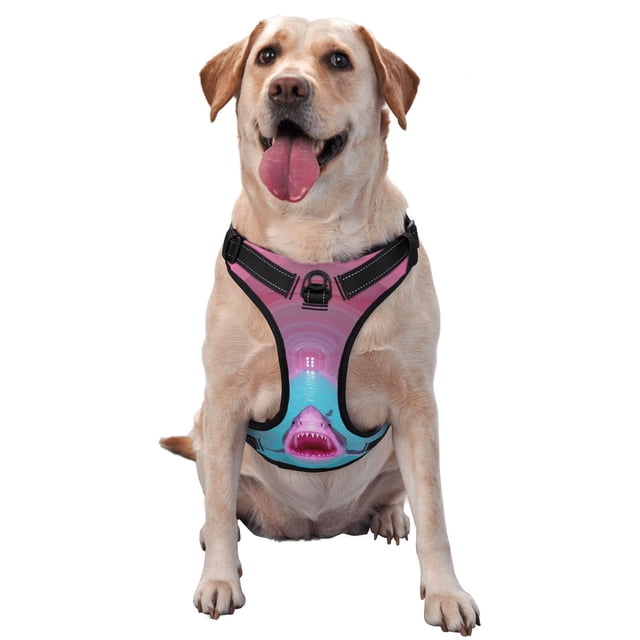 KLL Pink Shark Pool Fantasy Pattern Dog Harness - Lightweight,Soft,Adjustable Small Harness and Leash Set-Large