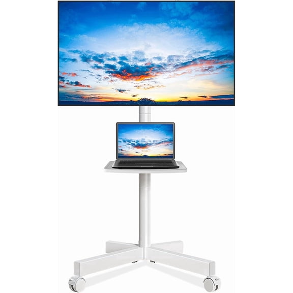 Mobile TV Stand for 23-65 Inch LCD LED Flat/Curved Panel Screen TVs up to 88 lbs, Rolling TV Stand with Adjustable Shelf & Tilt, Portable Floor Stand on Wheels for Bedroom, Living Room, Office-White