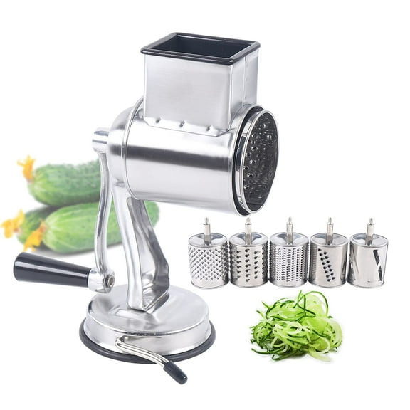 Commercial vegetable chopper with 5 replacement blades. Rotary cheese grater with handle. Multifunctional manual dicer, slicer, shredder, strip cutter. For restaurants and home kitchens