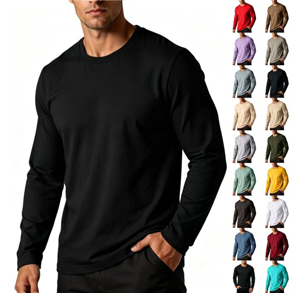 Nmnitkp Men's Long Sleeve Shirt Solid Cotton Crew Neck Soft Lightweight Crew Top Slim Fit Base Layer for Inner Layering Daily Casual Outdoor Workout Wear Black,S