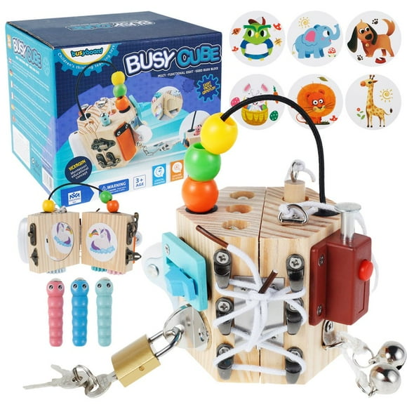 AMERTEER Busy Activity Cube for Kids 14-in-1 Kids Baby Busy Toy Wooden Sensory Activity Cube Toy，Montessori Learning Gift Set for 3+ Year Old