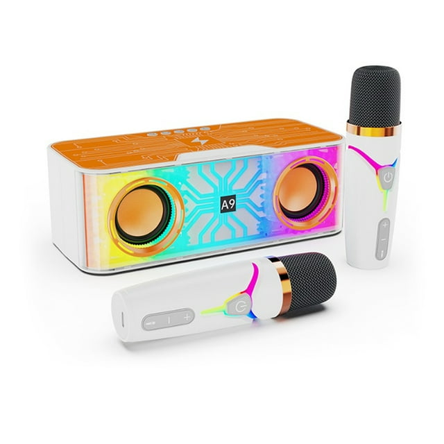 TFixol Orange A9Pro Haut-Parleur de Karaoké Bluetooth Portable avec Deux Micros Sans Fil, Conception de Mécha Transparente, Batterie Intégrée et Éclairage d'Ambiance