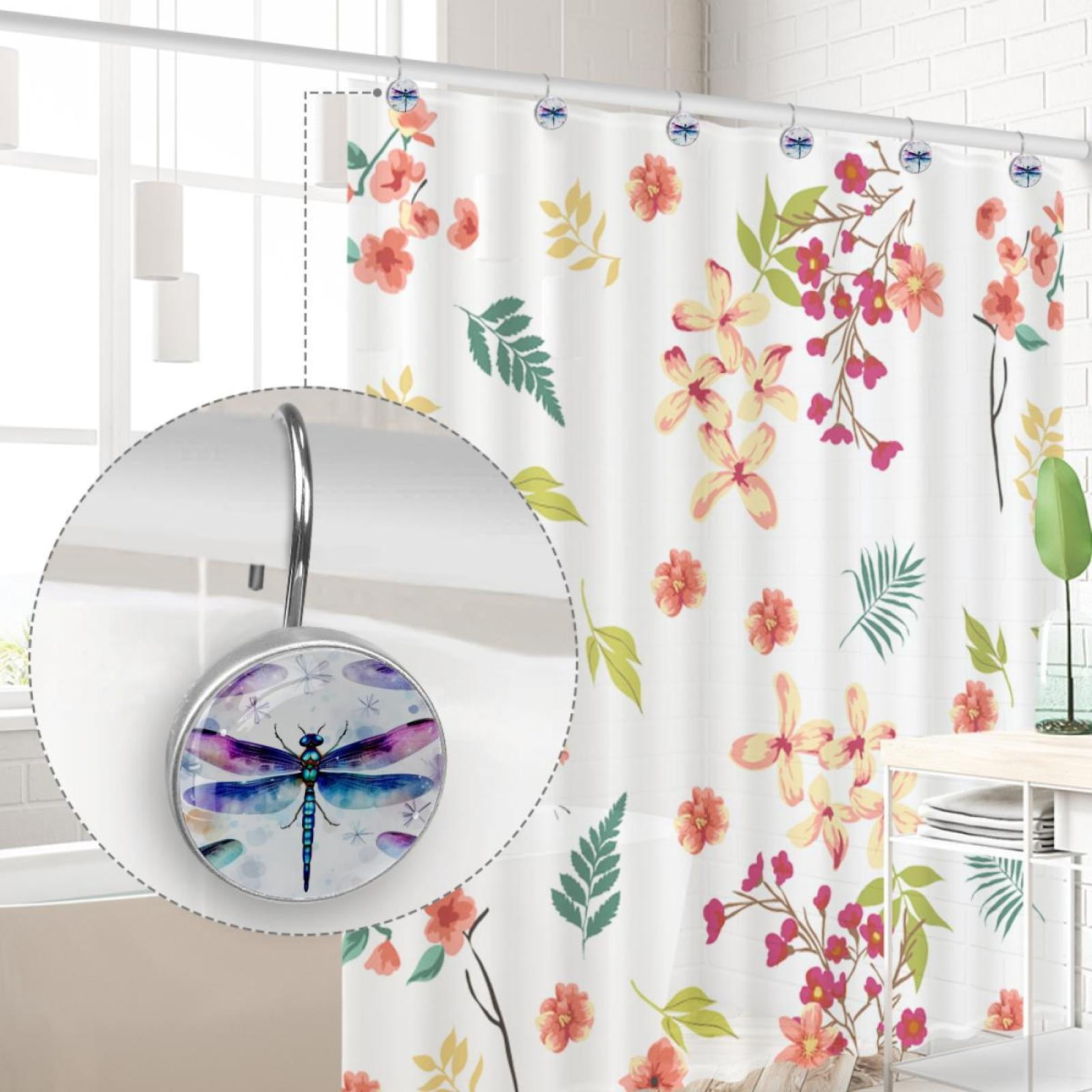 Dragonfly Shower Curtain Hooks （Set of 12） for Home Hotel Shower Rods Bathroom Crystal Glass Print Stainless Steel Round Curtain Hooks
