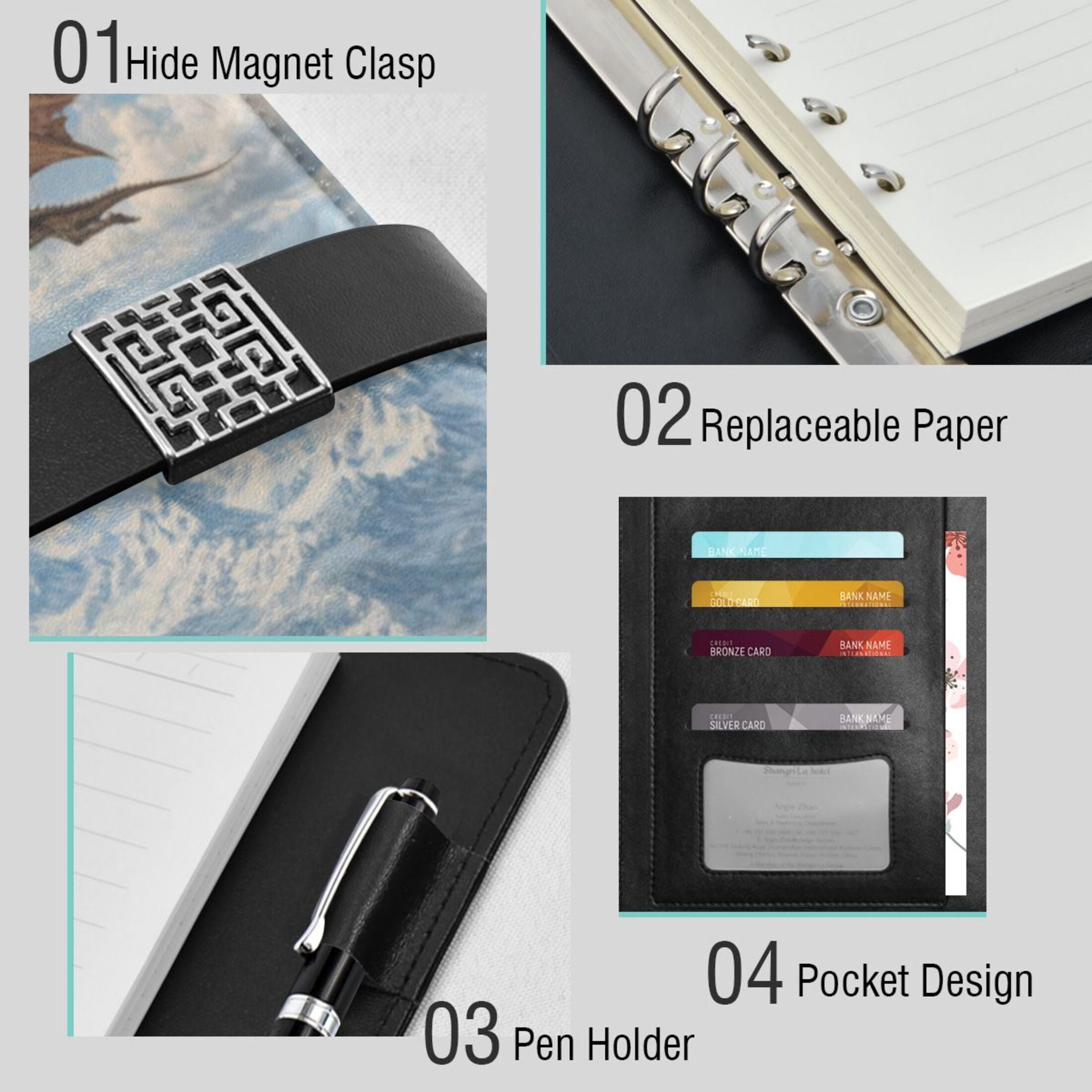 Leather Planner Leather Notebook Notebook Journal Binder Design Pen Pocket Design Convenient for Storage Dragon Flying Medieval Town